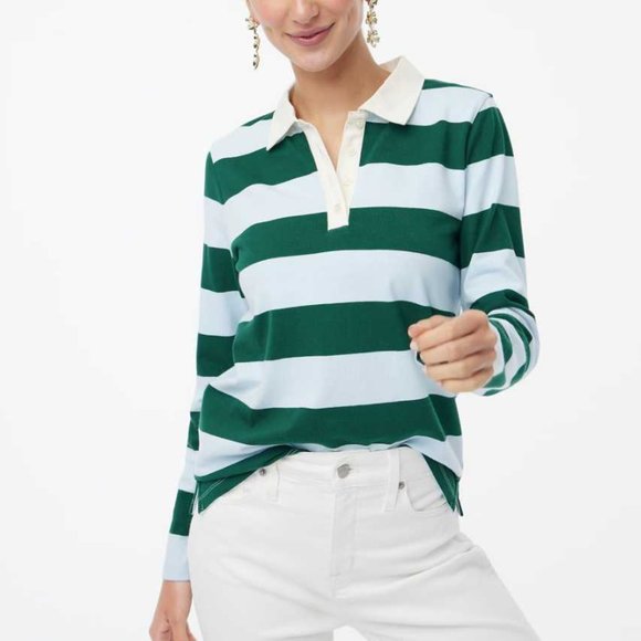 J. Crew Factory Tops - New women's  J Crew Factory long sleeve rugby stripe polo shirt blue green